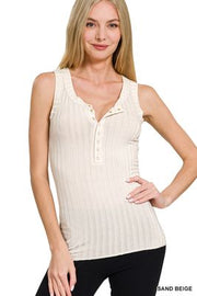 ZENANA: Washed Ribbed Scoop Neck Henry Tank Top
