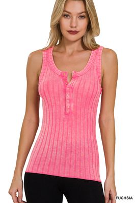 ZENANA: Washed Ribbed Scoop Neck Henry Tank Top