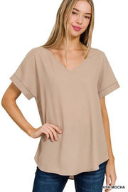 ZENANA: Woven Heavy Dobby Rolled Sleeve V-neck Top