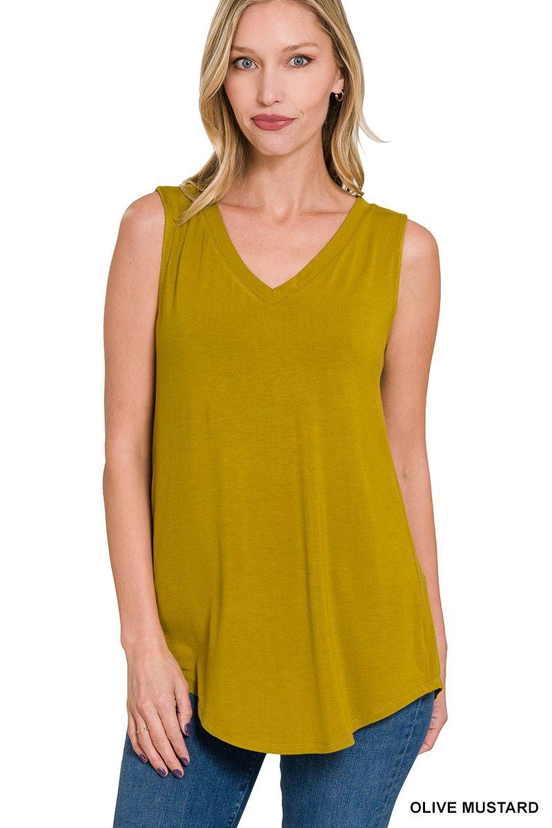 ZENANA: Luxe Rayon Sleeveless V-Neck Hi-Low Hem Top