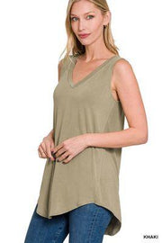 ZENANA: Luxe Rayon Sleeveless V-Neck Hi-Low Hem Top