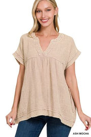 ZENANA Washed Double Gauze Raw Edge Short Sleeve Shirt