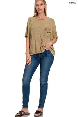 ZENANA Washed Ribbed Cuffed Short Sleeve Round Neck Top