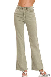 ZENANA Acid Washed Frayed Cutoff Hem Straight Wide Pants