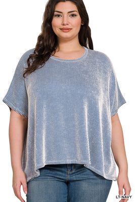 ZENANA: Plus Ribbed Striped Oversized Short Sleeve Top