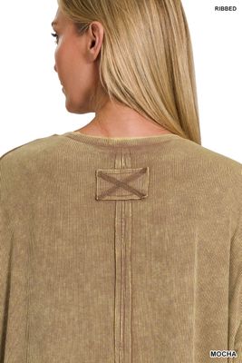 ZENANA Washed Ribbed Cuffed Short Sleeve Round Neck Top