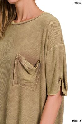ZENANA Washed Ribbed Cuffed Short Sleeve Round Neck Top