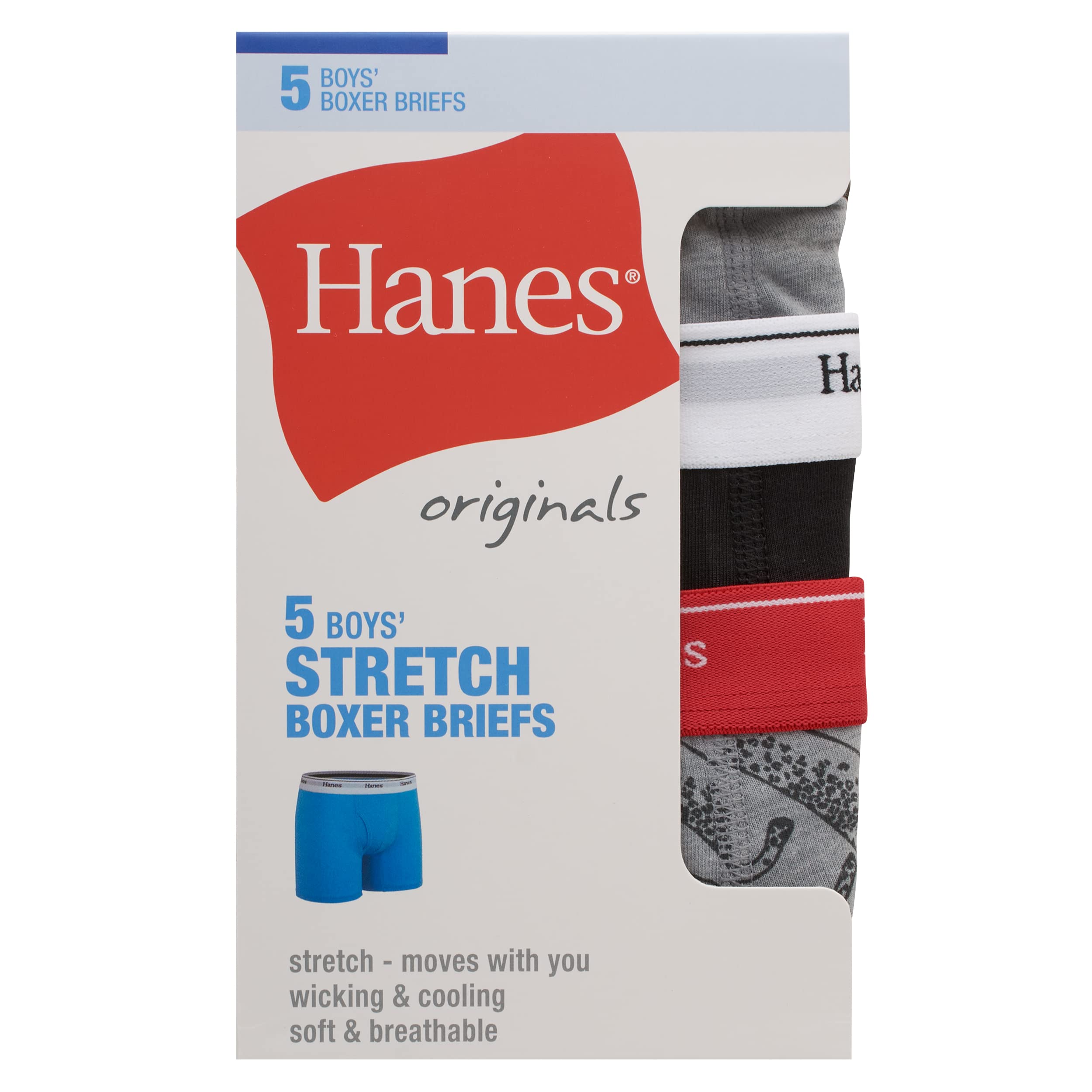 Hanes Originals Boys' Boxer Briefs, Stretch Cotton Underwear, Assorted 5Pk Small