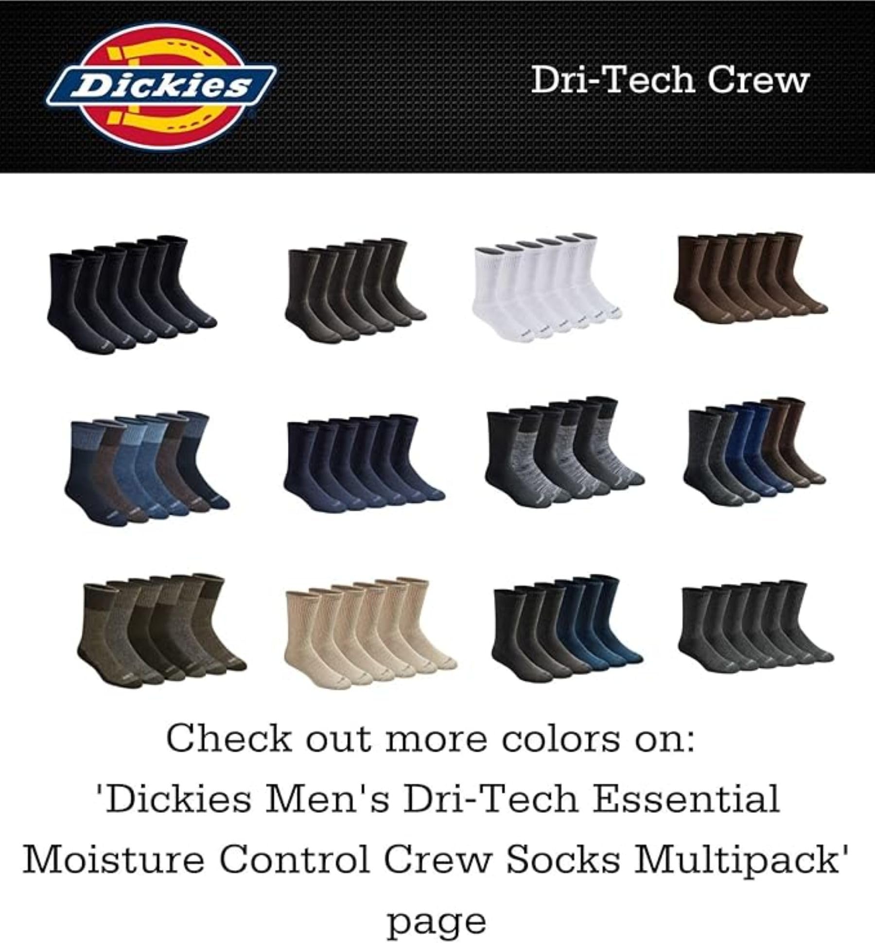 Dickies Men's Dri-tech Moisture Control Crew Socks 6 pack Shoe Size: 6-12 Black