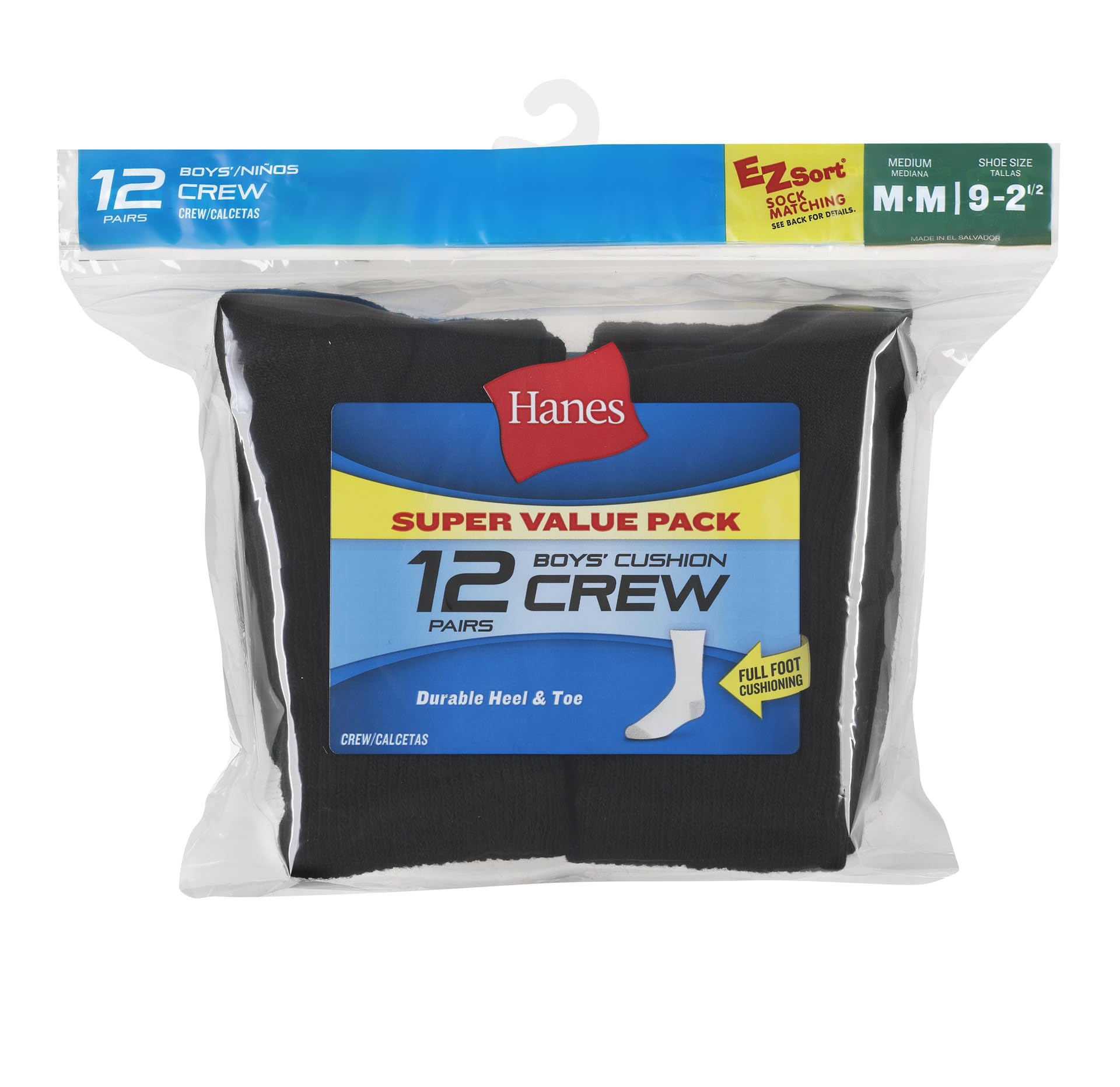 Hanes Boys' Crew Socks Pack, Socks for Boys Black Small 4.5-8.8, 12-Pack