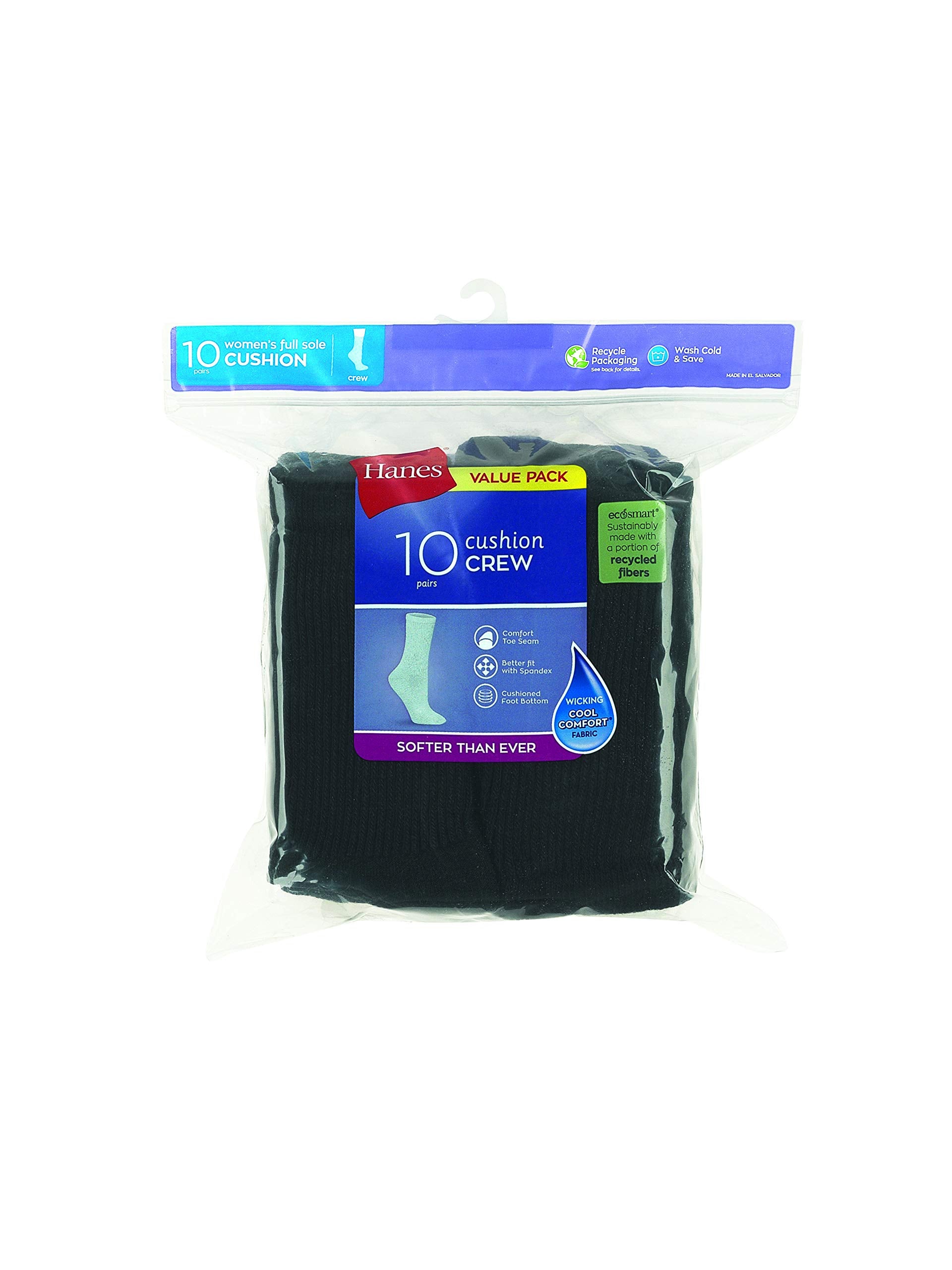 Hanes womens 10-pair Value Pack Crew fashion liner socks, Black, 5-9 US