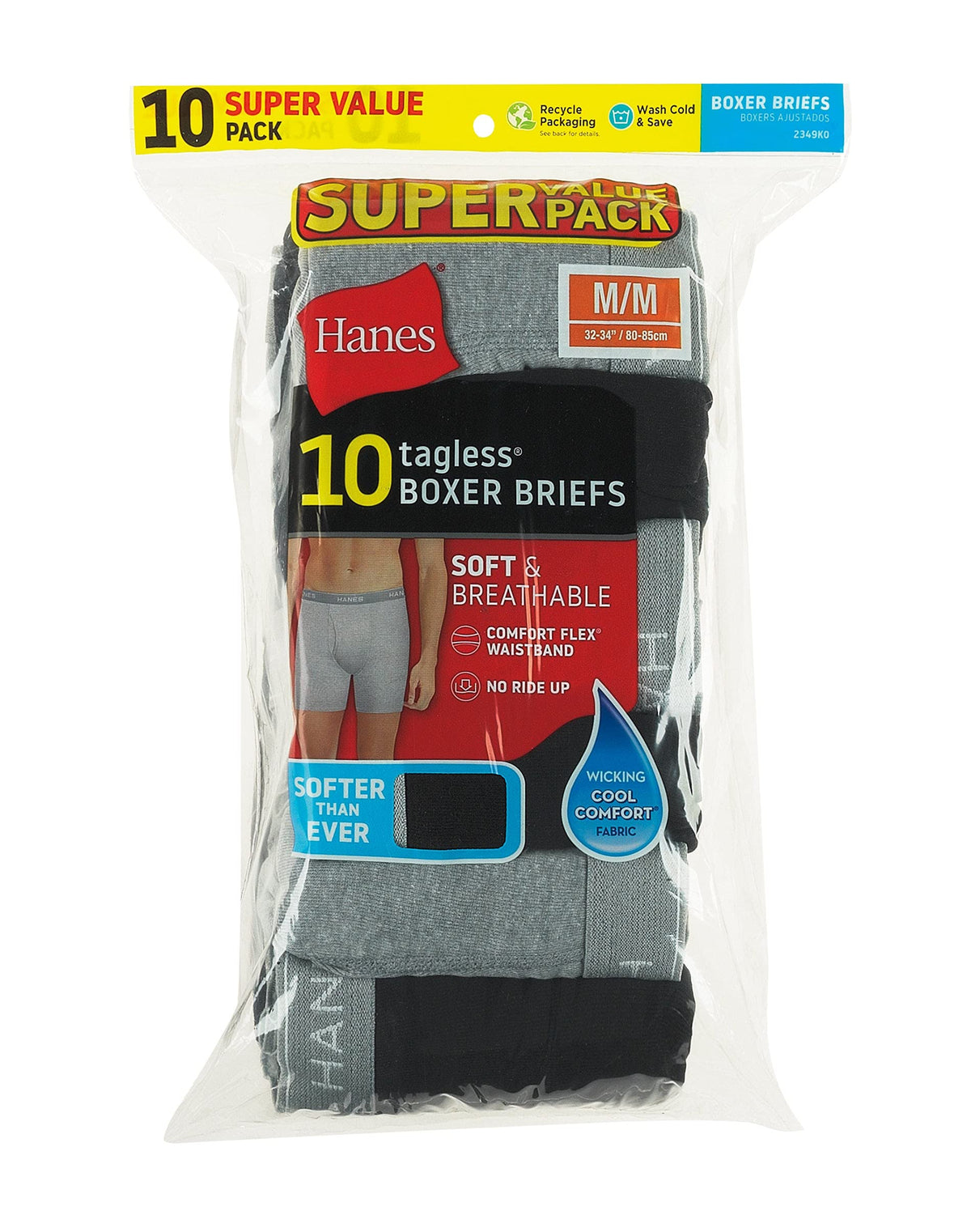 Hanes Mens Tagless Boxer Briefs 10-Pack, M, Black/Grey
