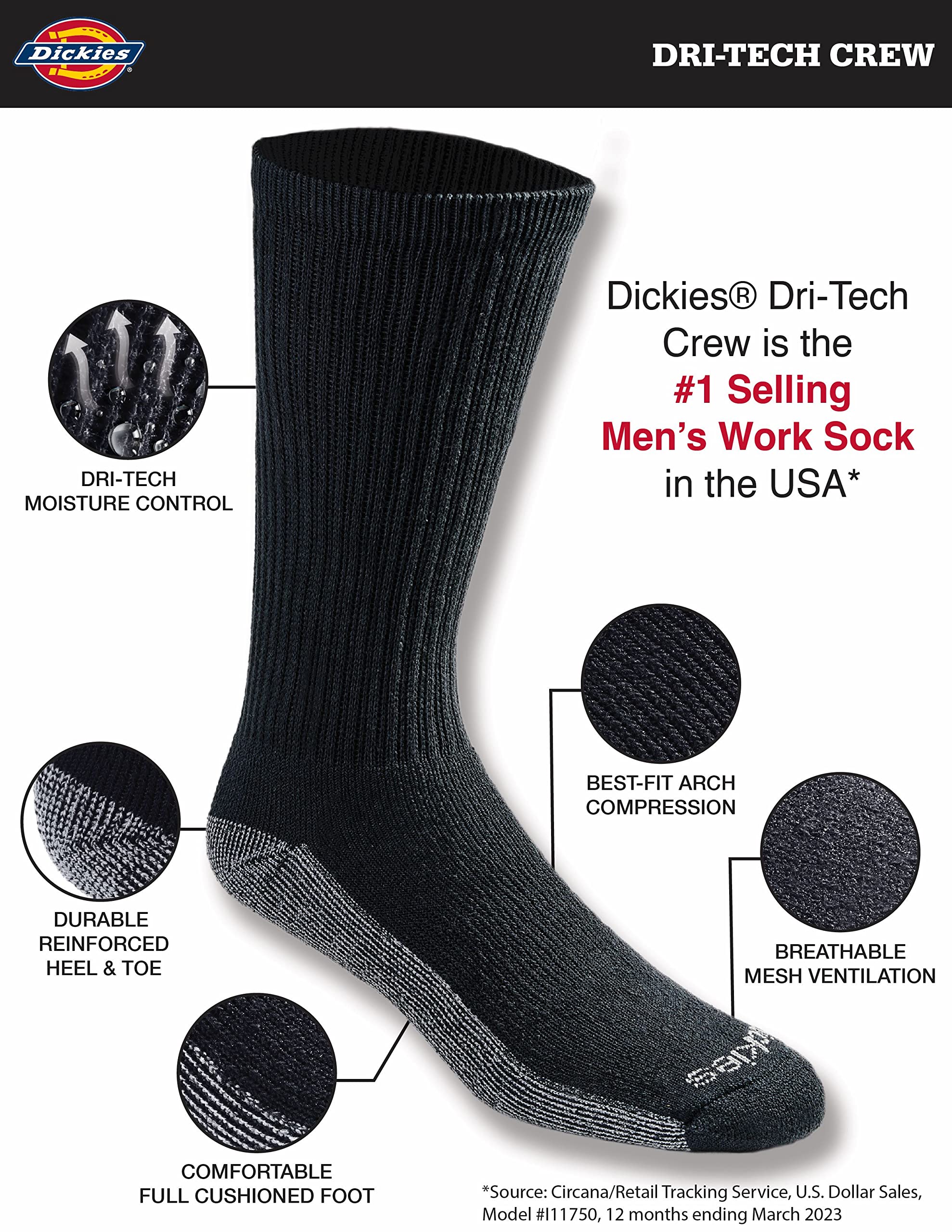Dickies Men's Dri-tech Moisture Control Crew Socks 6 pack, Black Size: 12-15