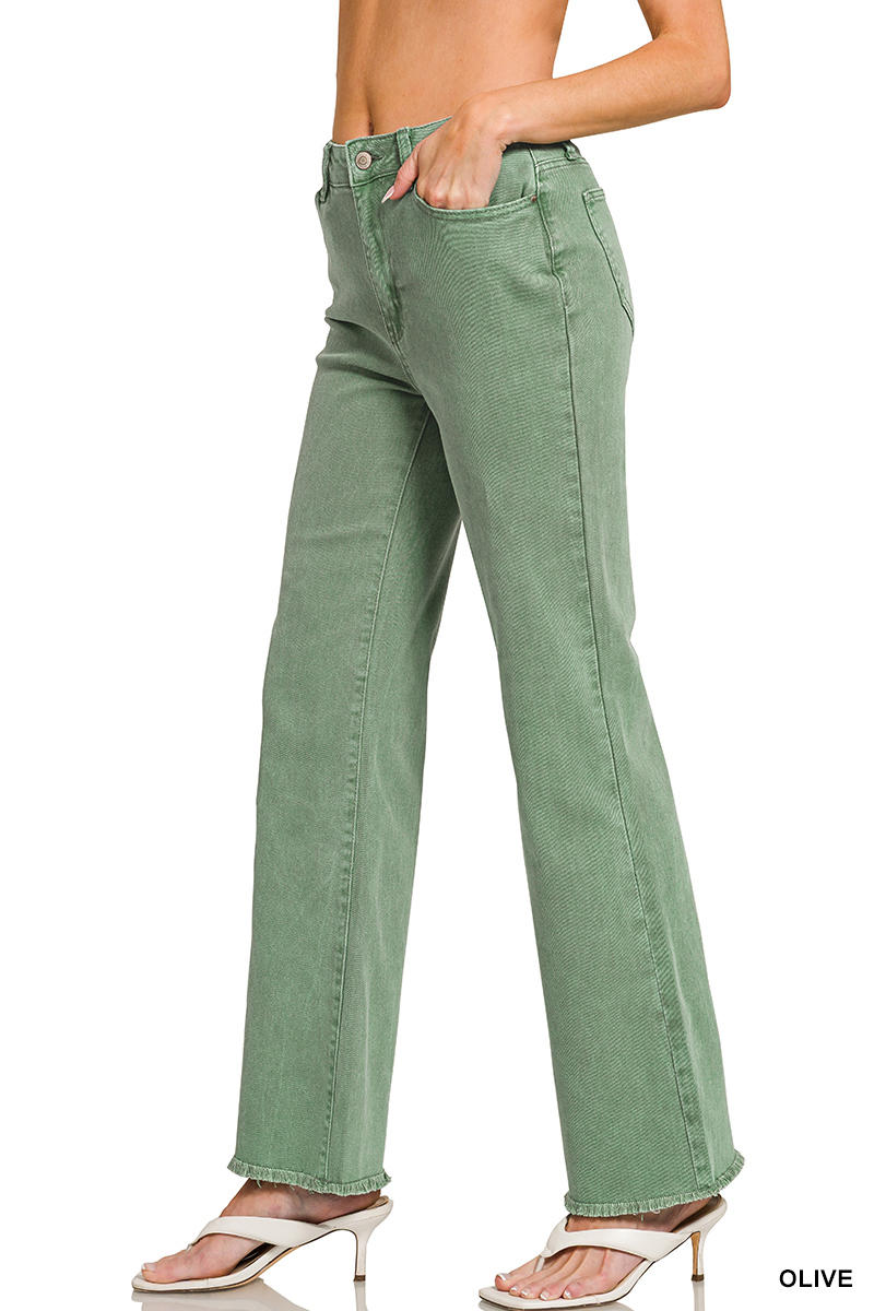 ZENANA Acid Washed Frayed Cutoff Hem Straight Wide Pants