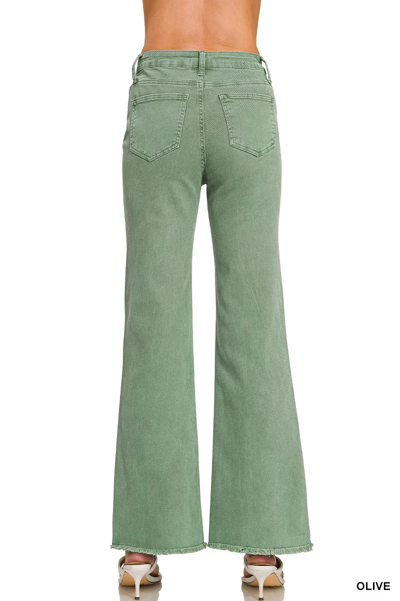 ZENANA Acid Washed Frayed Cutoff Hem Straight Wide Pants