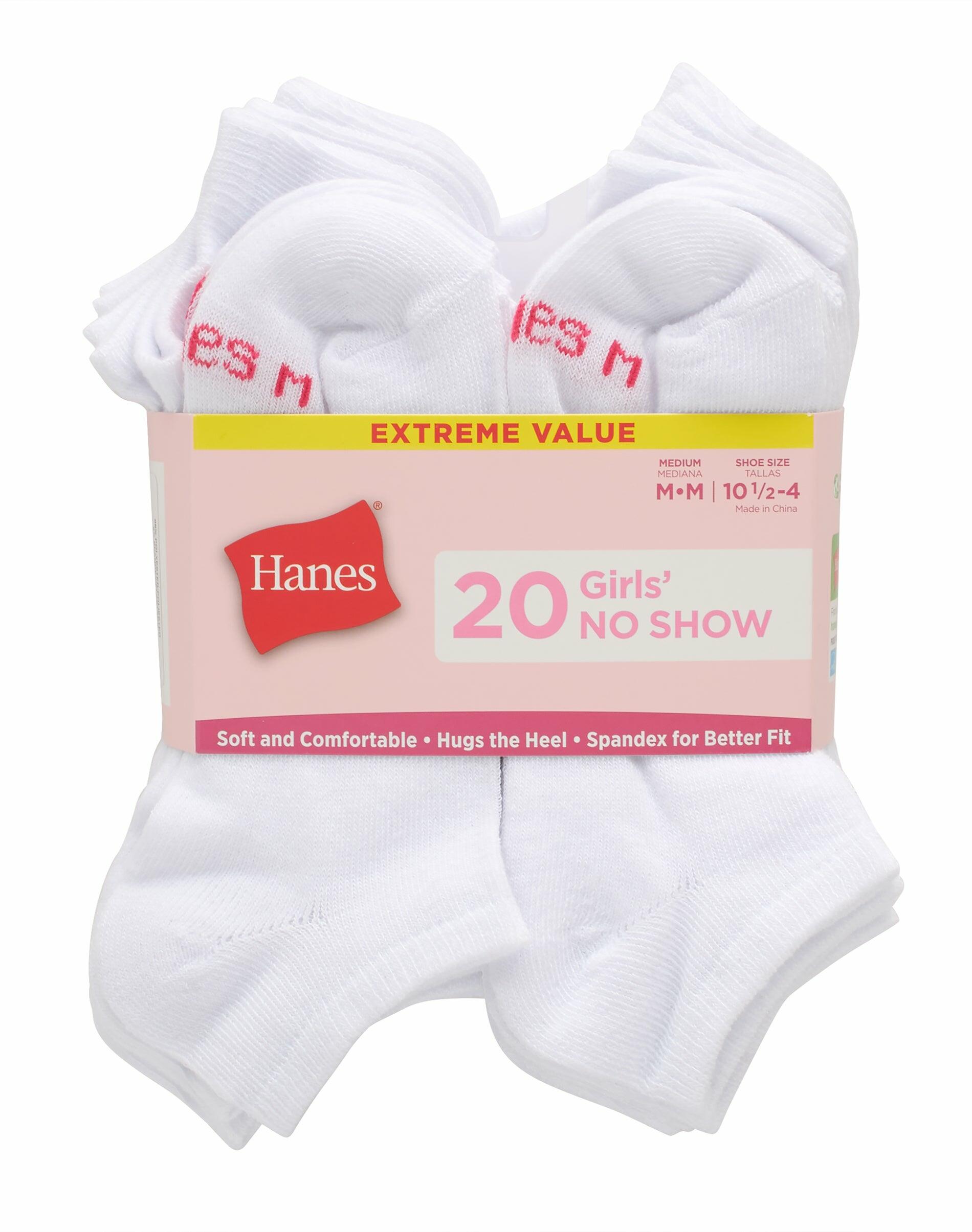 Hanes Girls' 20pk No Show Socks - White L: Arch Support, Lightweight Knit, Polyester Spandex Blend