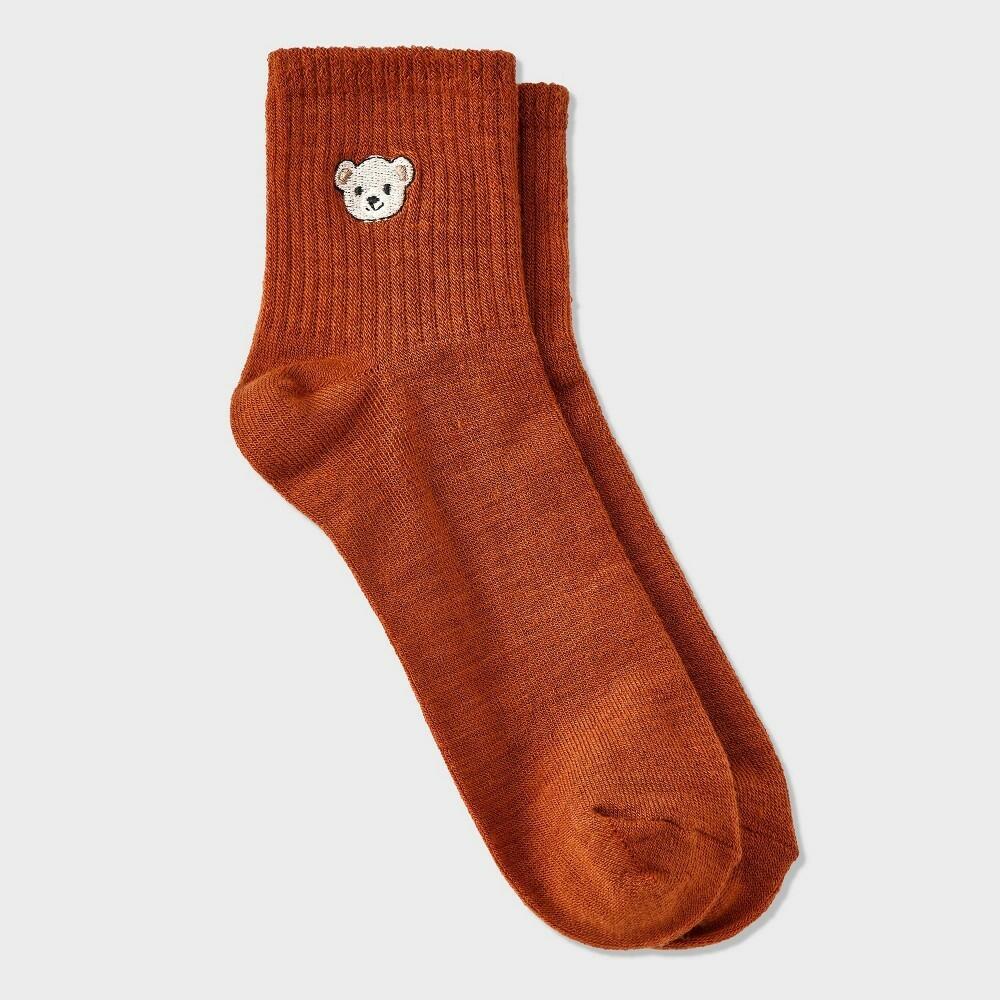 Women's Embroidered Teddy Bear Ribbed Ankle Socks - 3 Pack Copper 4-10