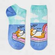 Women's Vacation Corgi Low Cut Socks - Blue/Pink 4-10 Animal Icon Pattern