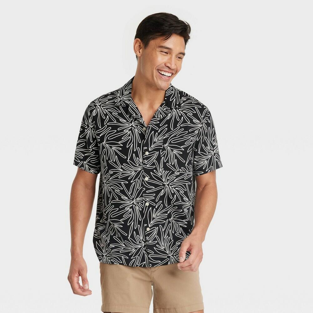 Men's Floral Print Short Sleeve Button-Down Shirt - Goodfellow & Co™ Black M: Poplin Fabric