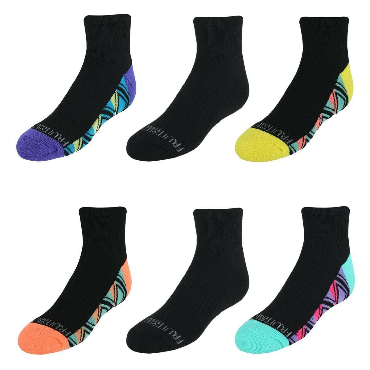 Fruit of the Loom Girl's Active Cushioned Ankle Socks (Pack of 6), 4 to 10 Black