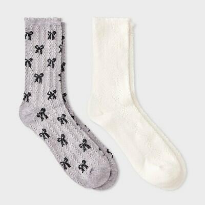 Women's Scallop Bows and Pointelle 2pk Crew Socks - Auden™ Gray/Black/Ivory 4-10