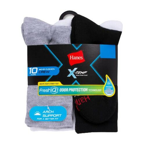 Hanes Boys 10 Pack X Temp Large Crew Socks Assorted Colors Large (3-9)