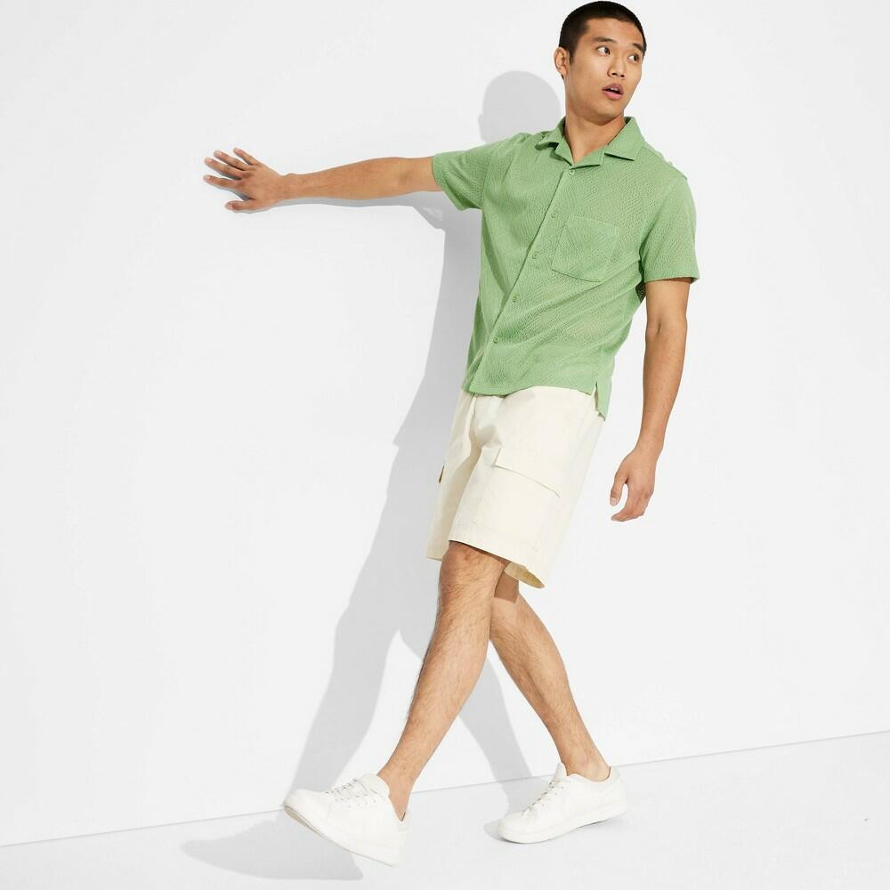 Men's Short Sleeve Knit Button-Down Shirt- Original Use™- Green L: Recycled Polyester, Midweight Jacquard Knit, Camp Collar, Side Vent
