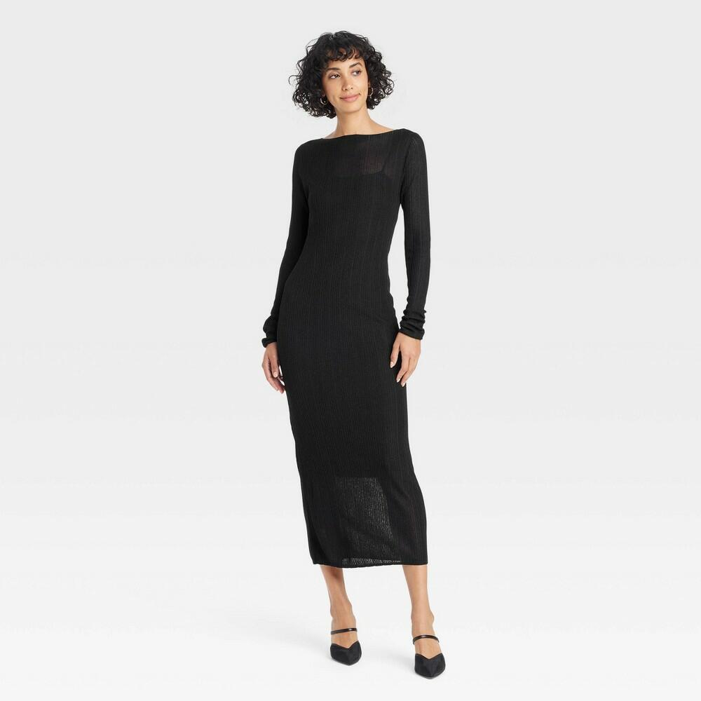 Women's Long Sleeve Sheer Maxi Sweater Dress - A New Day™ Black L: Recycled Polyester, Viscose, Lightweight Knit, Crew Neck, Pullover