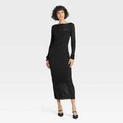 Women's Long Sleeve Sheer Maxi Sweater Dress - A New Day™ Black L: Recycled Polyester, Viscose, Lightweight Knit, Crew Neck, Pullover