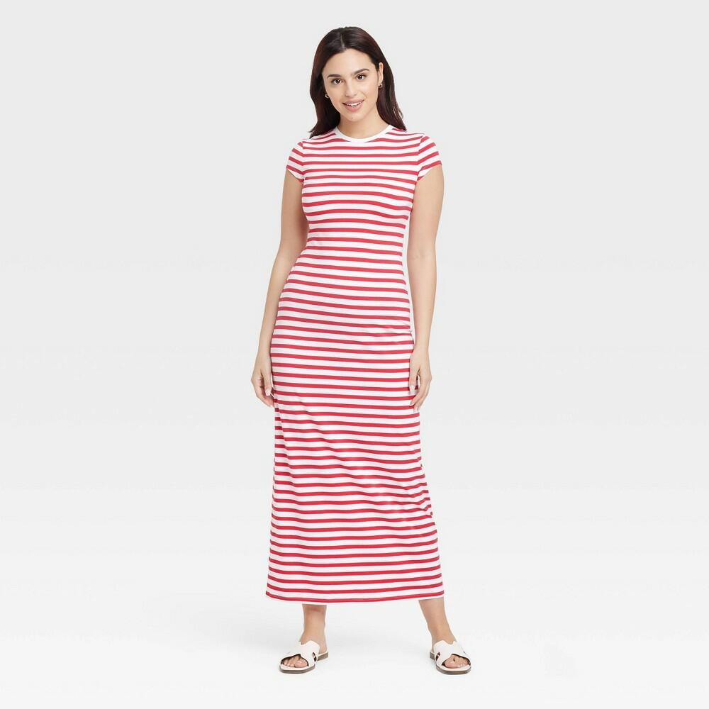 Women's Short Sleeve Knit Maxi Dress - A New Day™ Red/White Striped XS: Cotton Modal Spandex Blend, Crew Neck