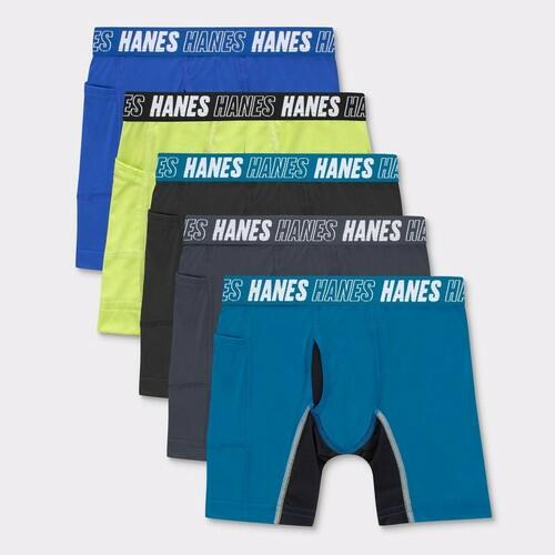 Hanes Moves Boys' 5pk Anti-Chafe Boxer Briefs - Blue M: Moisture Wicking