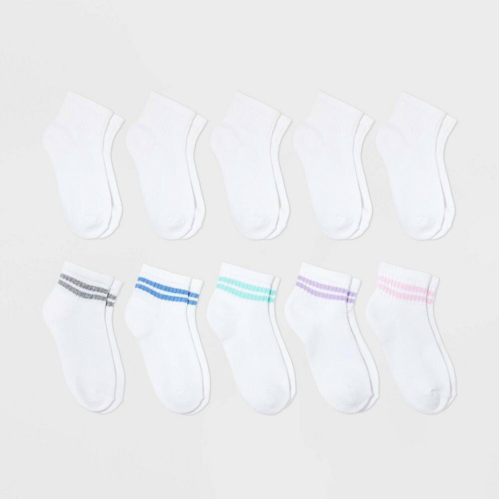 Girls' 10pk Ankle Striped Socks - Cat & Jack™ M: Cushioned Heel Toe, Knit