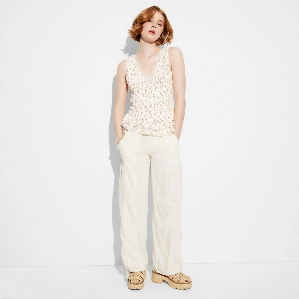Women's Asymmetrical Hem Flounce Tank Top - Wild Fable™ Cream Floral XS: V Neck, Lace Trim, Ruffles