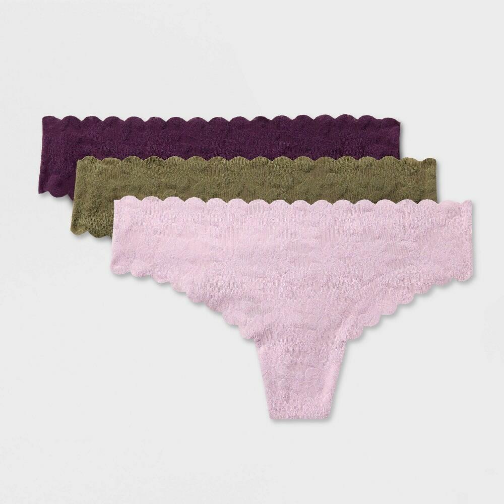 Women's 3pk Invisible Edge Lace Thong - Auden™ Purple/Lavender/Olive Green XS