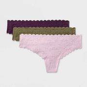 Women's 3pk Invisible Edge Lace Thong - Auden™ Purple/Lavender/Olive Green XS