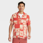 Men's Tree Print Short Sleeve Button-Down Shirt - Goodfellow & Co™ Red XL: Casual Fit, Botanical Pattern, Front Pocket, Machine Washable