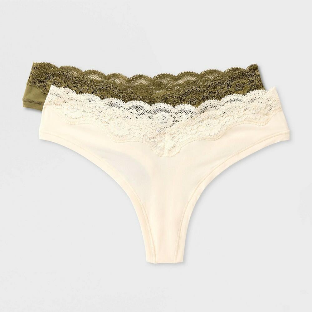 Auden Women's Luxe Stretch Lace Thong Underwear 2pk - Olive/Milkshake - M