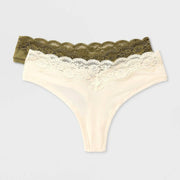 Auden Women's Luxe Stretch Lace Thong Underwear 2pk - Olive/Milkshake - M