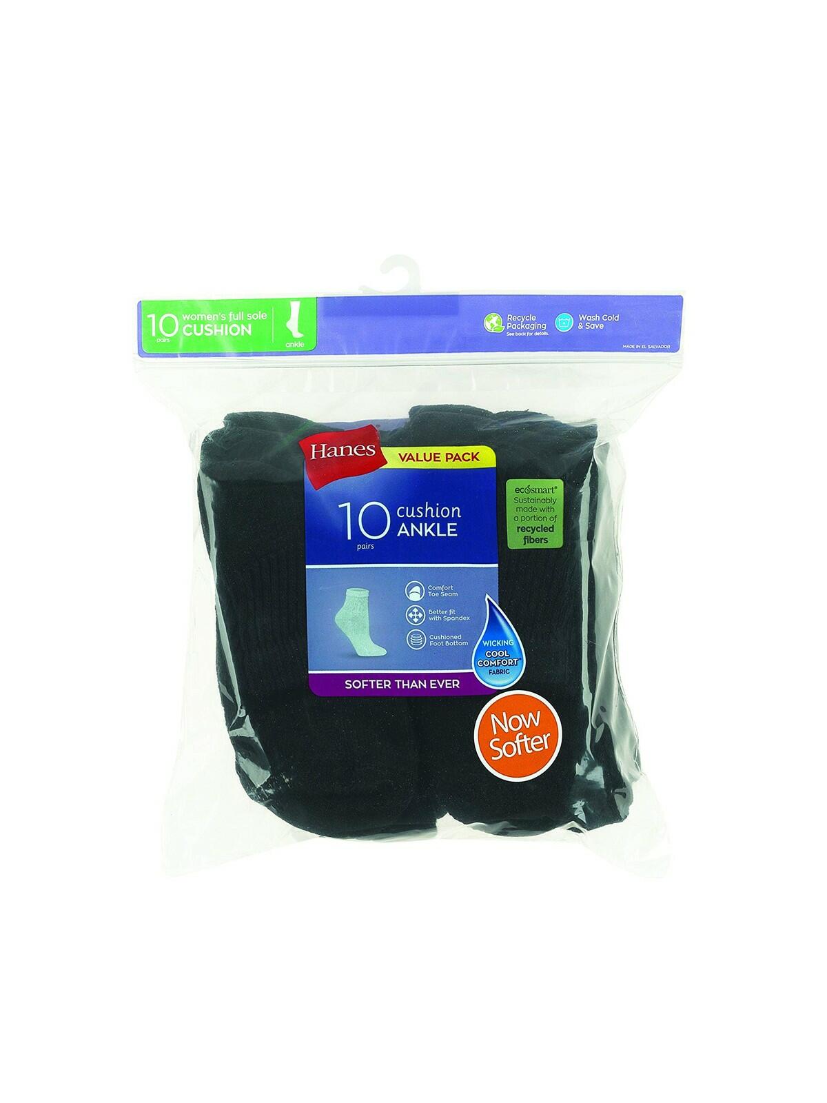 Hanes Womens Value, Moisture Wicking Ankle Socks, Black - 10 Pack, 5-9 US