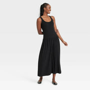 Women's Drop Waist Knit Midi Slip Dress - Universal Thread™ Black S: Sleeveless Scoopneck, Ribbed Fabric