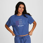 Champion Women's Gold Medal USA Short Sleeve Cropped T-Shirt - Blue M