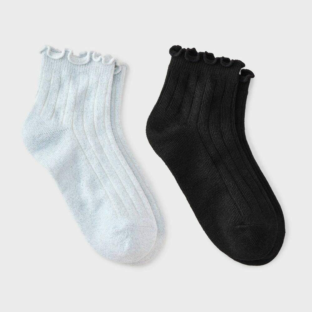 Girls' 2pk Sparkle Dressy Ankle Socks - Cat & Jack™ White/Black M