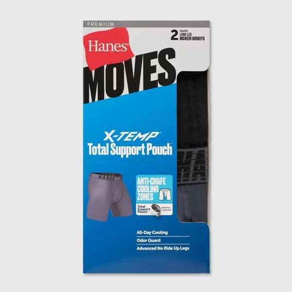 Hanes Moves Premium Men's X-Temp Long Leg Boxer Briefs 2pk - Gray/Black, Large