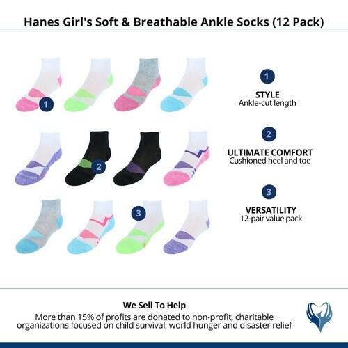 Hanes girls Cool Comfort Ankle Socks, 12-pair Pack fashion liner Assorted, Small