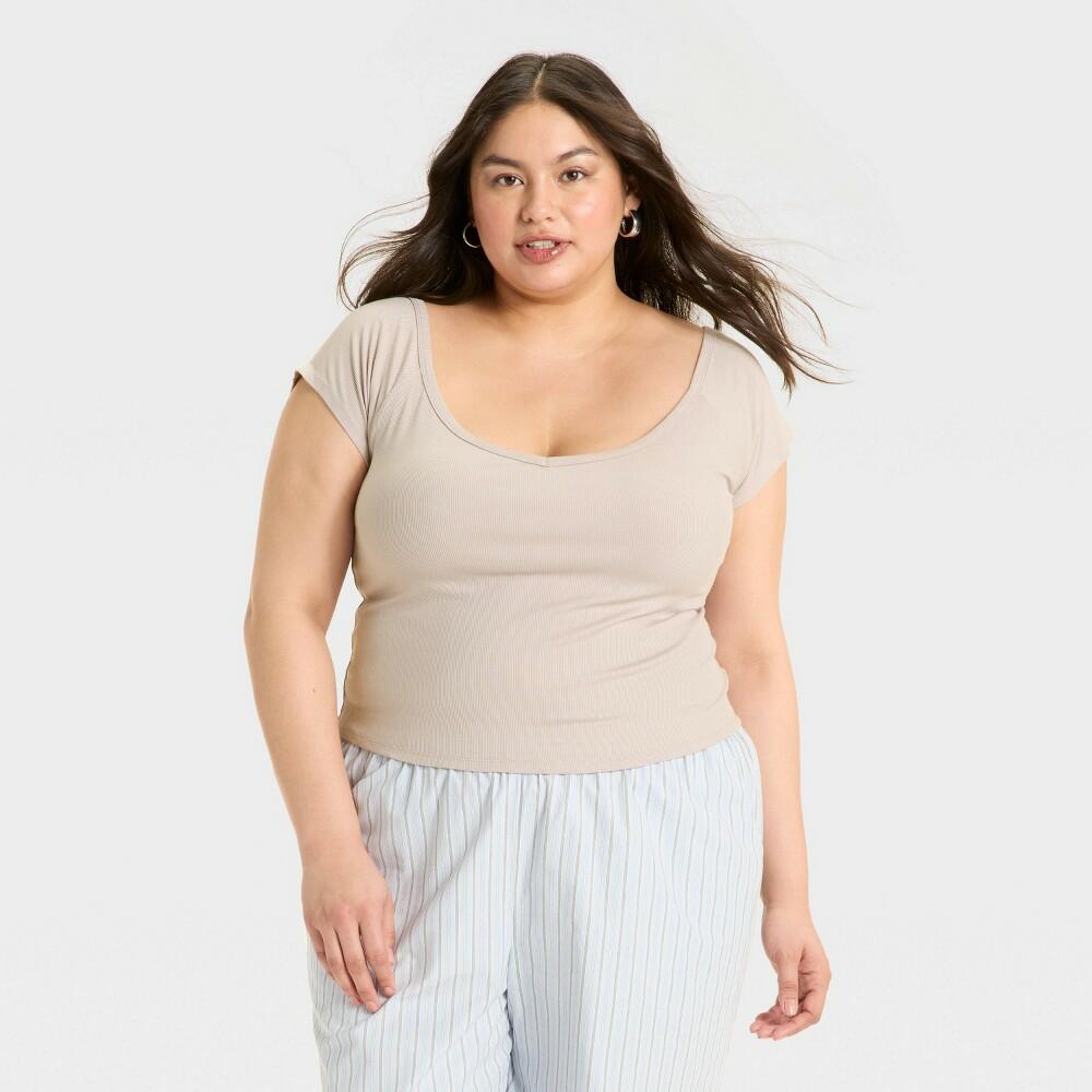 Women's Short Sleeve Double V-Neck Ribbed T-Shirt - Wild Fable™ Gray XL