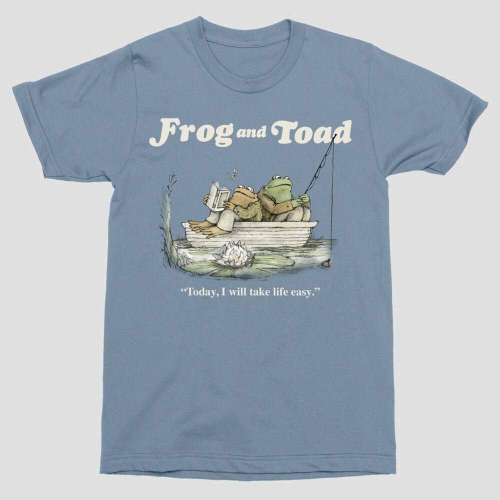 Men's Frog & Toad Fishing Short Sleeve Crew Neck T-Shirt - Light Blue XXL: Cotton-Polyester Blend, Animal Graphic
