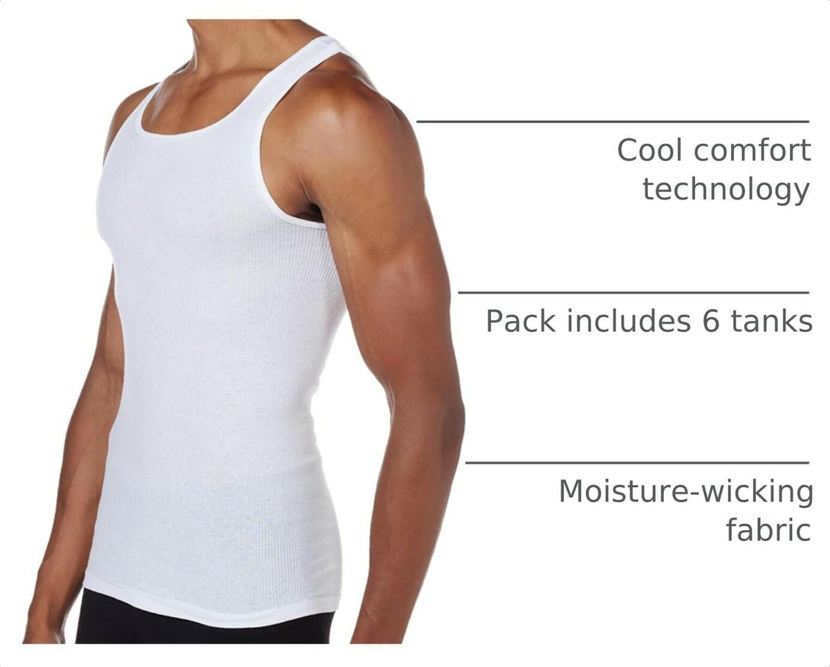 Hanes Men Tank Top Undershirt Pack, Cool & Breathable Cotton, 6 Pack White - L