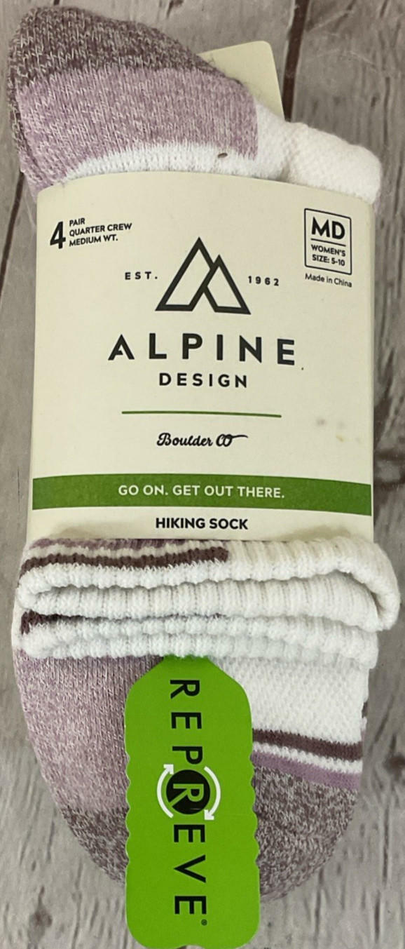 Alpine Design Womens Size Medium Four Pair Crew Cut Hiking Socks Medium Weight