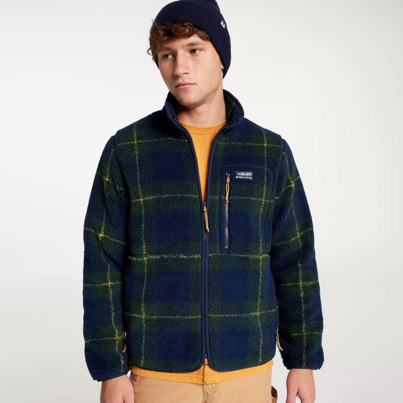Alpine Design Men's Sherpa Full Zip Fleece, Medium, Dark Green/Navy Plaid