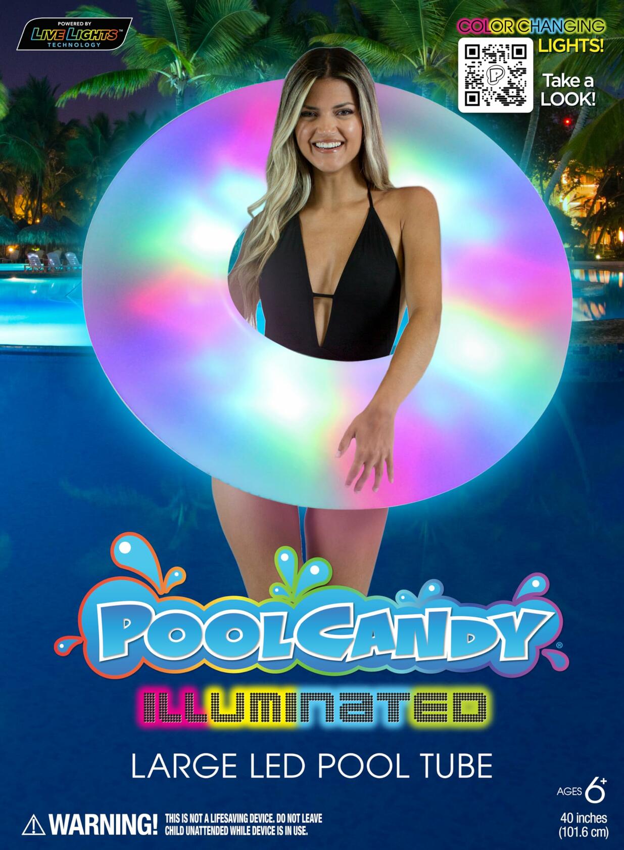 Pool Candy Inflatable Pool Tube with Color-Changing LED Lights – 36" Swim Tube